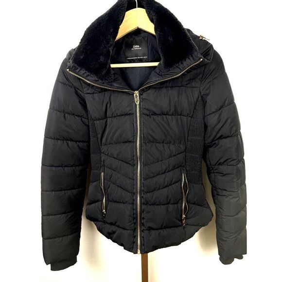 ZARA Outerwear Black Puffer Coat w/ Optional Hood, w/ Pockets Faux Fur Collar XS - Picture 1 of 7